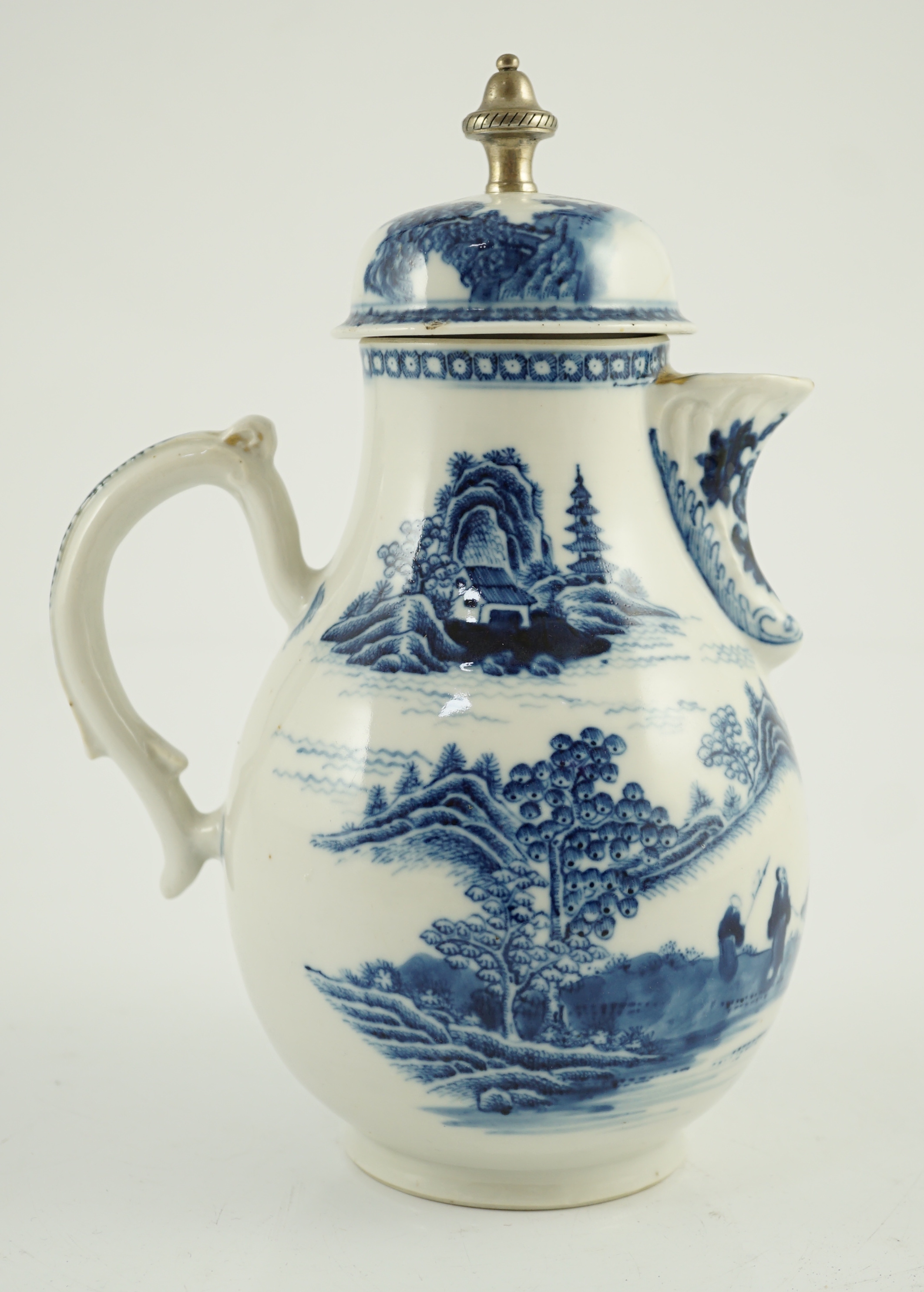 A Chinese blue and white jug and cover, Qianlong period, later metal finial